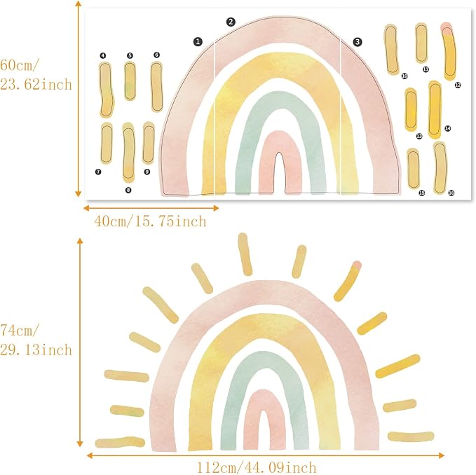 Large Fabric Watercolor Boho Half Sun Wall Decals Peel and Stick, Rainbow Wall Murals Stickers, Pastel Sunrise Wall Art Decor for Kids Room Playroom Nursery Bedroom, 44.09" x 29.13"
