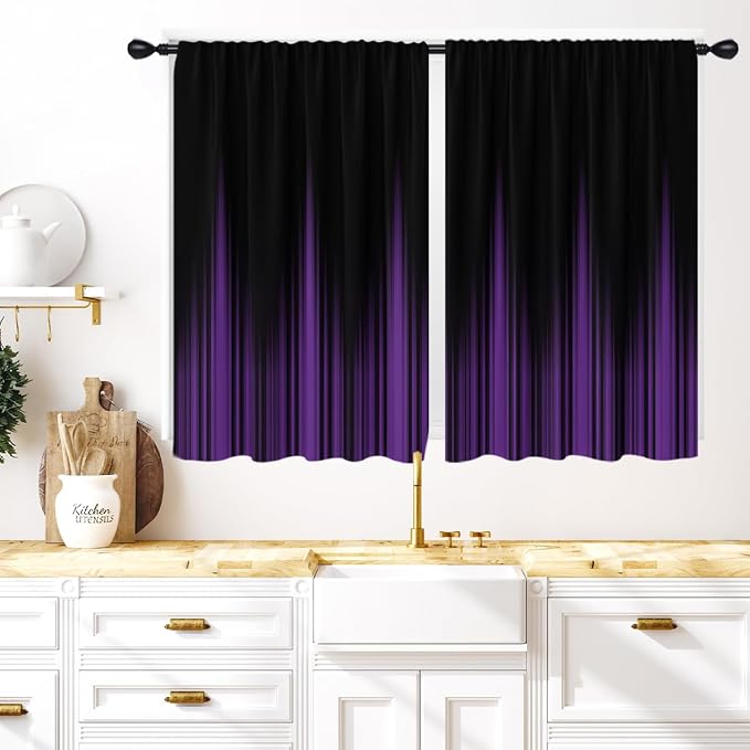 Coxila Purple Ombre Kitchen Curtains 27.5 x 39 Inch, Black Gradient Window Treatment Tiers, Small Short Fabric Rod Pocket Drapes for Bathroom, Aesthetic Gothic Decor, 2 Panels