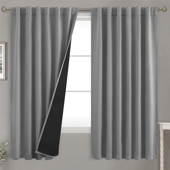 BGment Dove Grey 100% Blackout Curtains 63 Inch Length with Reducing Noise Liner, Rod Pocket and Back Tab Double Layer Full Room Darkening Window Curtain for Bedroom, 2 Panels, Each 52 x 63 Inch