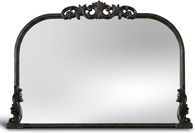 Wylde Iris English Estate Carved Arch Wood Wall Mirror, Mirror for Entryway, Living Room, Bathroom, Distressed Black, 30.6x41