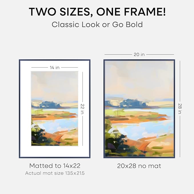 Homeforia 20x28 Frame Navy Blue, High End Metal 20x28 Poster Frames with Mat 14x22 inch Photo, 20 x 28 Navy Blue Picture Frame Matted to 14 by 22 Print, 28x20 Frame, Tempered Glass, Wall Kit, Set of 2