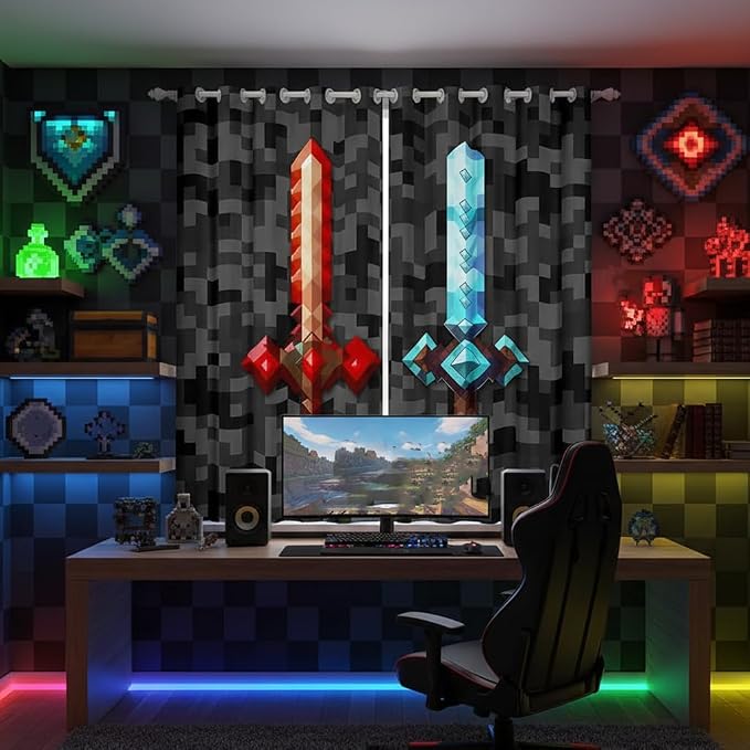 Castle Fairy Red Blue Sword Bedroom Decor Curtains,Sandbox Building Games Window Curtain,Boys Teens Pixelated Style Swords Window Treatment Grey Black Camo Blackout Drapes 2 Panels,42Wx63L