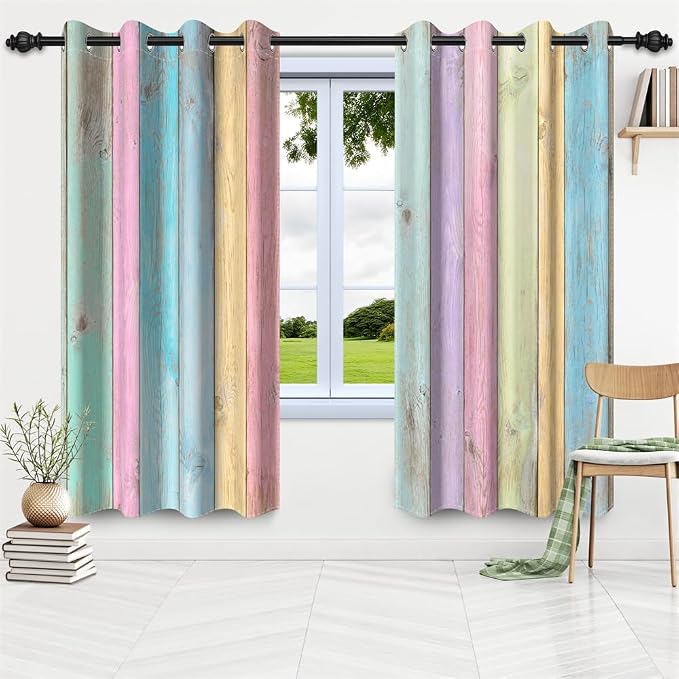 Colorful Wooden Planks Kitchen Curtains Vintage Farm Style Rustic Wood Barn Door Window Curtains Wood Boards Room Darkening Window Drapes for Living Room Bedroom Decor,53x84 inch,2 Panels