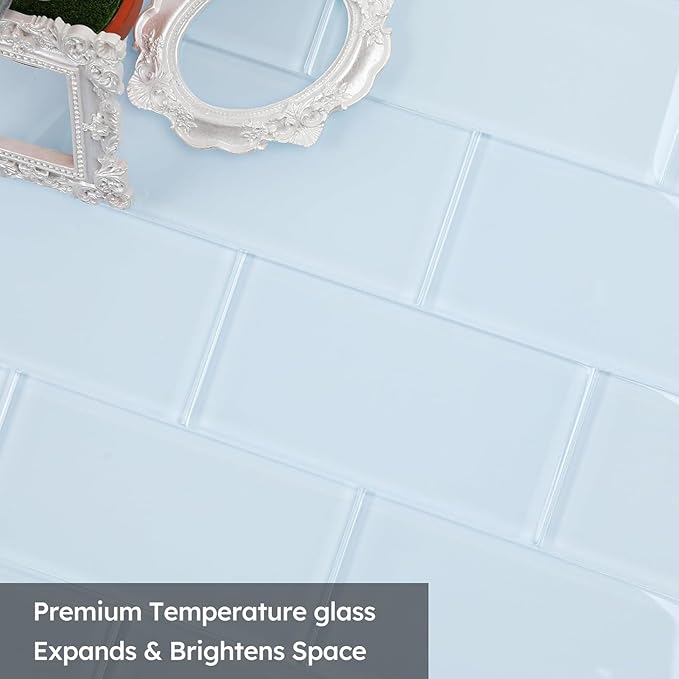 Diflart Light Blue Glass Subway Tile, 3x6 Inch, 4 Sq.Ft, Glass Backsplash Tile for Kitchen Shower Bathroom Wall, Pack-32 Pcs