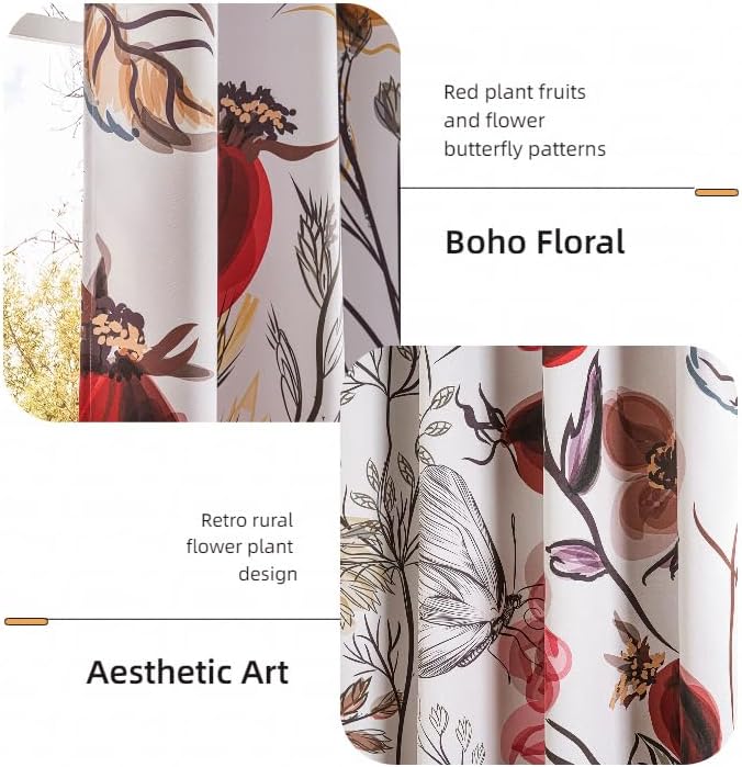 Vintage Floral Blackout Curtains 96 inch Long 2 Panel Set 52x96 inch, Wildflower Farmhouse Flower Pattern Printed Drapes Room Darkening Thermal Insulated Window Curtains for Bedroom Living Room Decor