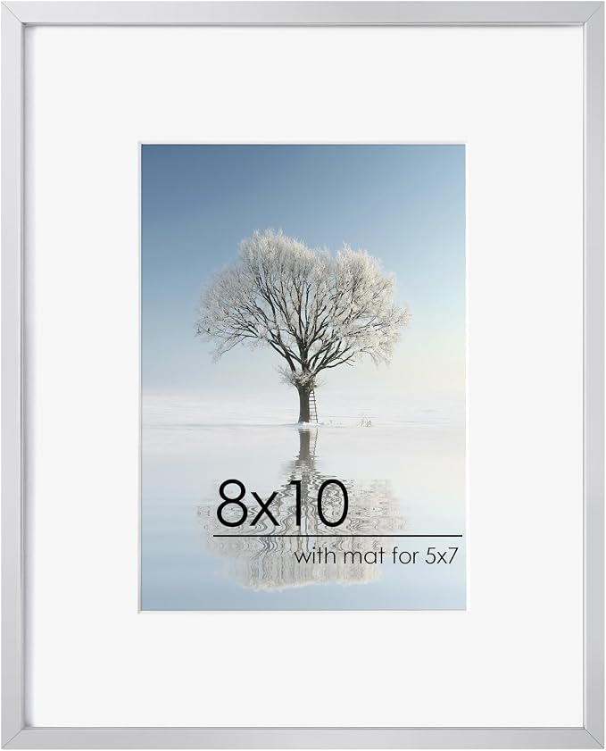 FLYJOE 8x10 Picture Frame - Metal Frame With Mat 5x7 | 8 x 10 Aluminum Photo Frame | Plexiglass And Hanging Hardware Included | Black 8x10 Picture Frame | Silver