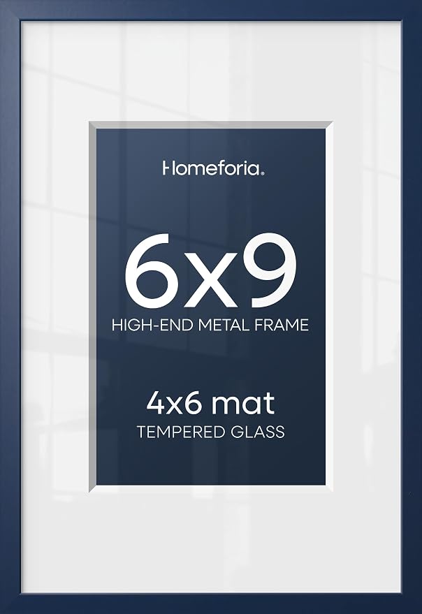 Homeforia 6x9 Picture Frame Navy Blue, High End Metal 6 x 9 Frames with Mat 4 x 6 for Print, 6by9 Desk Frame Matted to 4x6 inch Photo, 6 by 9 Wall or Tabletop Frame, Tempered Glass, Wall Kit, Set of 1