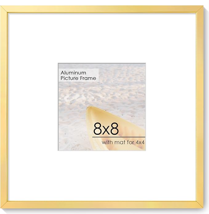 8x8 Square Picture Frame for 4x4 Photo, Minimalist Aluminum Frame, Gold | Elegant Gold Square Frame with 4x4 Opening for Wall Display, Tabletop, or Gallery Wall | Wall Kit Included
