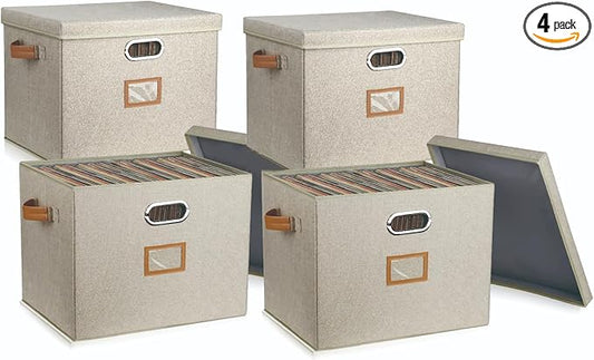 12-Inch Vinyl Record Storage Boxes with Lids and Handles, Stylish and Practical LP Record Organizer for 100+ Single Records, Suitable for Living Room, Study, Concert Hall or Office (Beige, 17"-4 Pack)