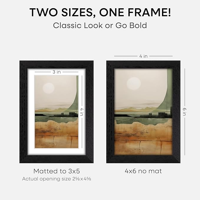 Homeforia 4x6 Picture Frame Black Wood, High End Oak 4by6 Black Wooden Frames with Mat 3x5 Print, 4 x 6 Frame Matted to 3 x 5 inch Photo, 4x6 Wall or Tabletop Frame, Tempered Glass, Wall Kit, Set of 1