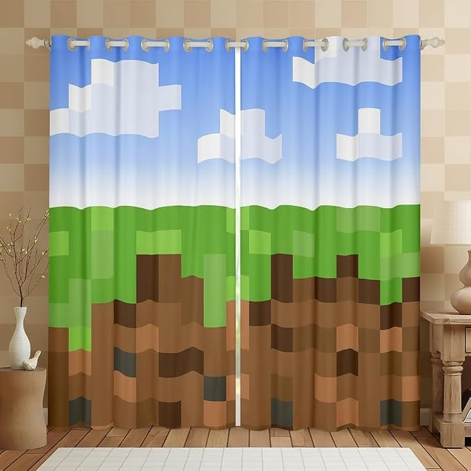 Castle Fairy Pixel Grid Miners Window Curtain | Pixelated Games Window Drapes for Men Bedroom Decor,Geometric Grid Blackout Curtains Brown Green Army Camo Living Room Top 2 Panels,52Wx63L