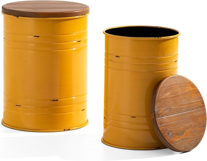 Glitzhome Rustic End Table Set of 2, Farmhouse Galvanized Metal Barrel Ottoman Storage Stool with Round Wood Lid for Living Room Furniture, Yellow