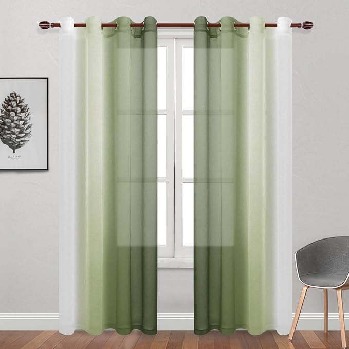 DWCN Ombre Sheer Curtains - Faux Linen Semi Voile Grommet Top Gradient Curtains for Bedroom and Living Room, Set of 2 Window Curtain Panels, 52 x 90 Inch Length, Light Olive Green