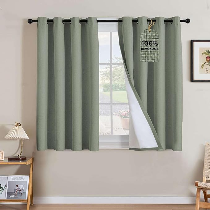 H.VERSAILTEX Linen Curtains 100% Blackout Curtains for Bedroom 63 inch Long Full Light Blocking Nature Linen Blended Window Curtains for Living Room Nickel Grommet (2 Panels, Heathered Dried Sage)