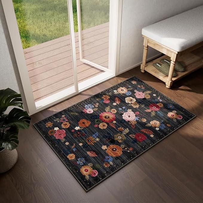 2x3 Washable Entryway Area Rugs: Floral Small Rug Non Slip Door Mat Indoor Entrance Soft Low Pile Throw Rugs for Inside Front Door Floor Bedroom Bedside Kitchen Nursery Home Office Entry