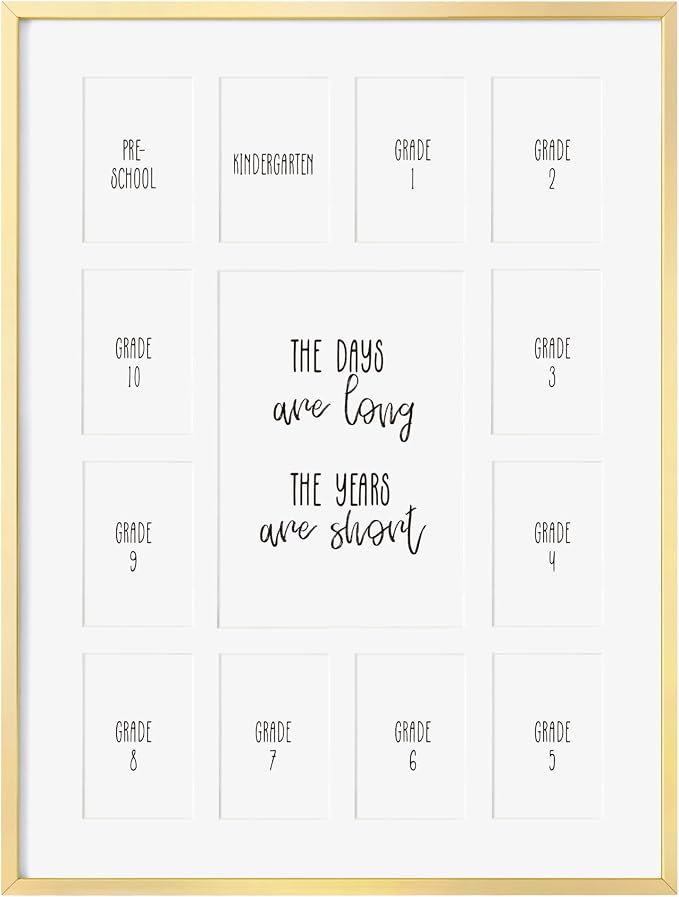 12x16 School Picture Frame K-12, Collage Frame for School Years, Gold | Elegant Gold K-12 Frame with 13 Openings: One 5x7 & Twelve 2.5x3.5 for Pre-K to 12th Grade | Wall Kit Included
