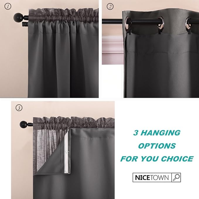 NICETOWN Blackout Curtain Liners for Window - Drapes Liners for 63 inch Curtains, Thermal Curtains Liner (2 Panels, with Bonus Curtain Hooks, 27W by 60L Inches Each Panel, Grey)