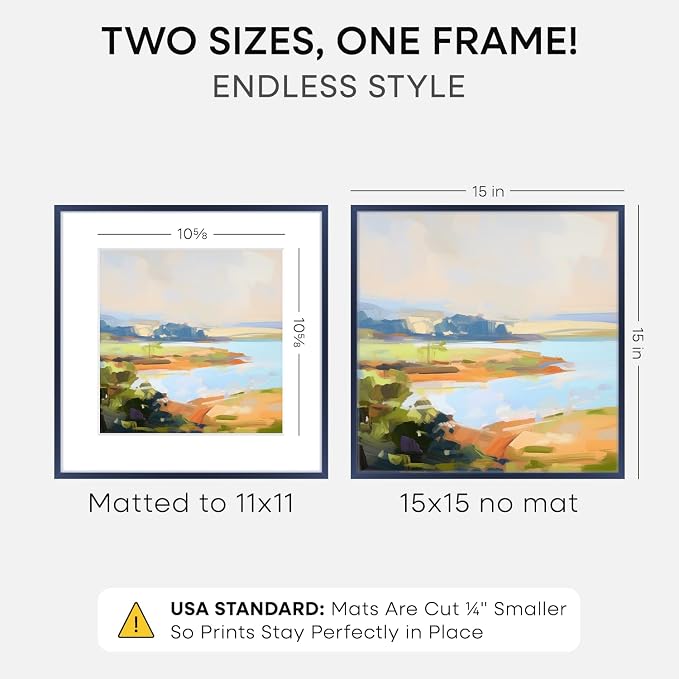 Homeforia 15x15 Picture Frame Navy Blue, High End Metal 15 x 15 Square Poster Frame with Mat 11 x 11 Photo, 15x15 Frame Matted to 11x11 Print, 15by15 Hanging Frames, Tempered Glass, Wall Kit, Set of 1