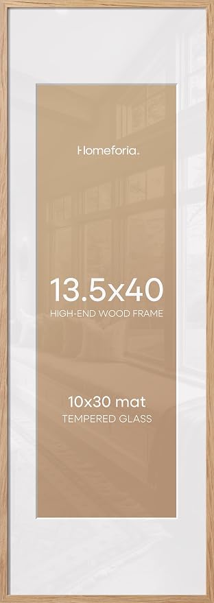 Homeforia 13.5x40 Wood Frame, High End Natural Oak 13.5x40 Light Wooden Picture Frame with Mat 10x30, 13.5 x 40 Poster Frames Matted to 10 by 30 Art, 40x13.5 Frames, Tempered Glass, Wall Kit, Set of 1