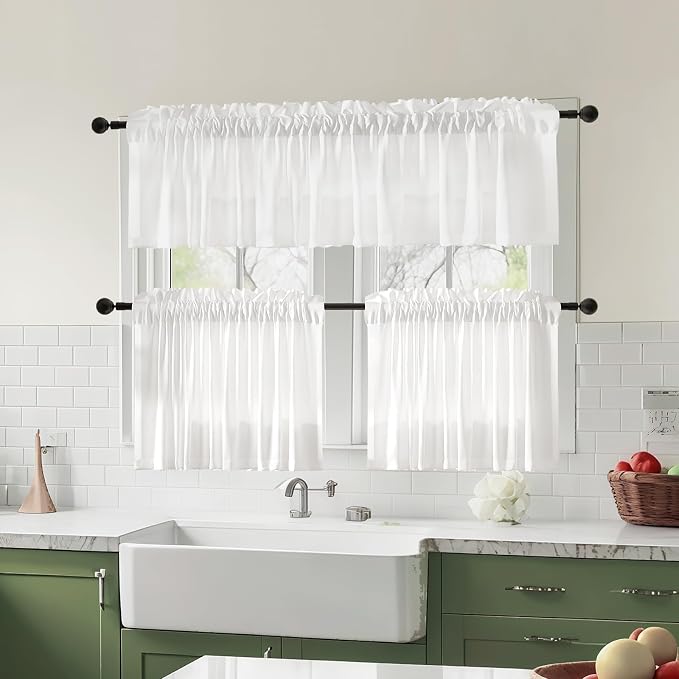 Anmao Non-See-Through Valance Kitchen Curtains 36 Inch Length 2 Panels Set, Off White Privacy Light Filtering Semi Sheer Over Sink Short Cafe Curtain Tiers for Small Windows, 25W x 36L, Ivory White