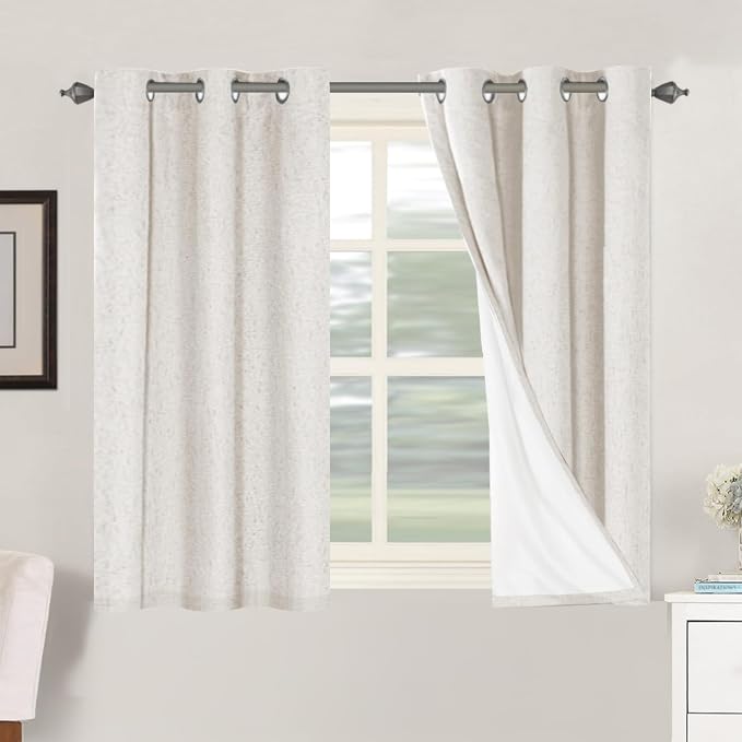 H.VERSAILTEX Primitive Linen Curtains 100% Blackout Curtain Drapes Burlap Fabric Curtains with White Thermal Insulated Liner, Grommet Top Drapes Living Room/Bedroom (2 Panels, 42 x 45 Inch, Ivory)