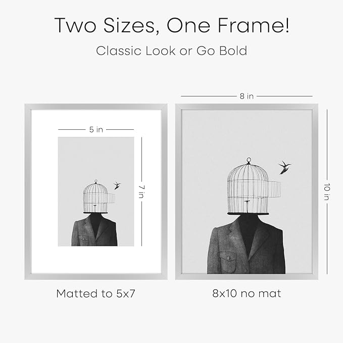 Homeforia Silver Picture Frame 8x10, High End Metal 8 x 10 Photo Frames with Mat 5 by 7 Art, 10x8 Thin Frame Matted to 5x7 inch Print, 10by8 Wall or Tabletop Frames, Tempered Glass, Wall Kit, Set of 1