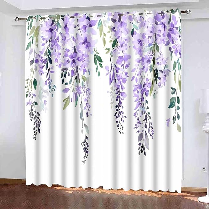 Purple Watercolor Floral Blackout Curtains 42x84 Inch 2 Panels | Botanical Leaves Vine Flowers, Rustic Farmhouse, Blackout Window Treatment, For Bedroom Living Room