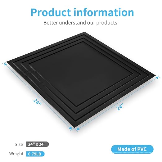 Art3d 12-Pack 2424 Inch PVC Waterproof Drop Ceiling Tiles for Home Décor - 2x2 ft 3D Modern Ceiling Panel for Suspended Grid, Black