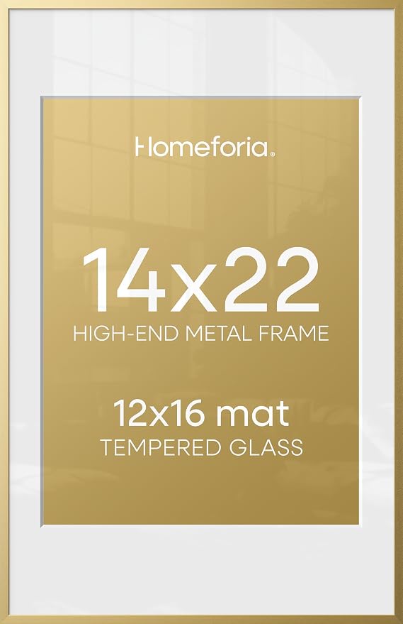 Homeforia 14x22 Picture Frame Gold, High End Metal 14x22 Poster Frames with Mat 12x16 Photo, 14 x 22 Gold Frames Matted to 12 by 16 Print, 22x14 Thin Hanging Frames, Tempered Glass, Wall Kit, Set of 2