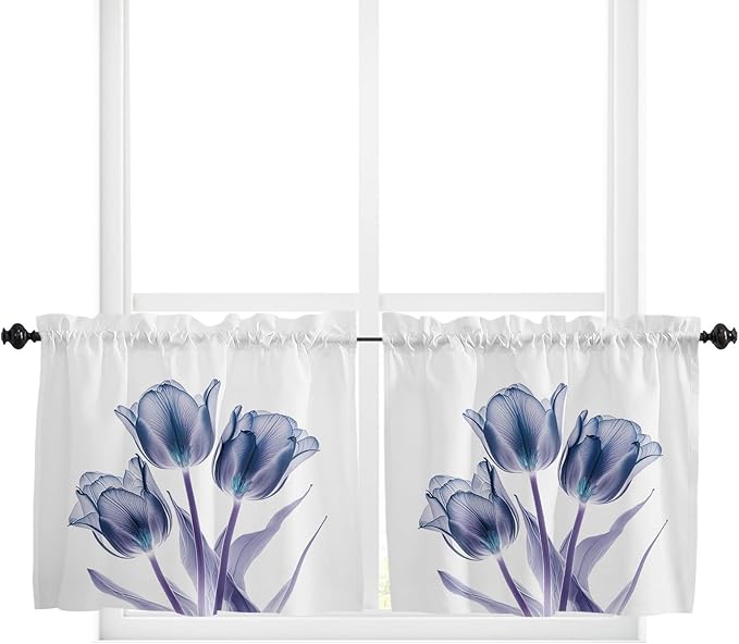 Kitchen Tier Curtains 36 inches Long, Abstract Transparent Flower Tulip Blue Purple Window Curtains for Living Room Bathroom,Rod Pocket Light Filter Drapes Short Half Window Treatment Tiers 2 Panels