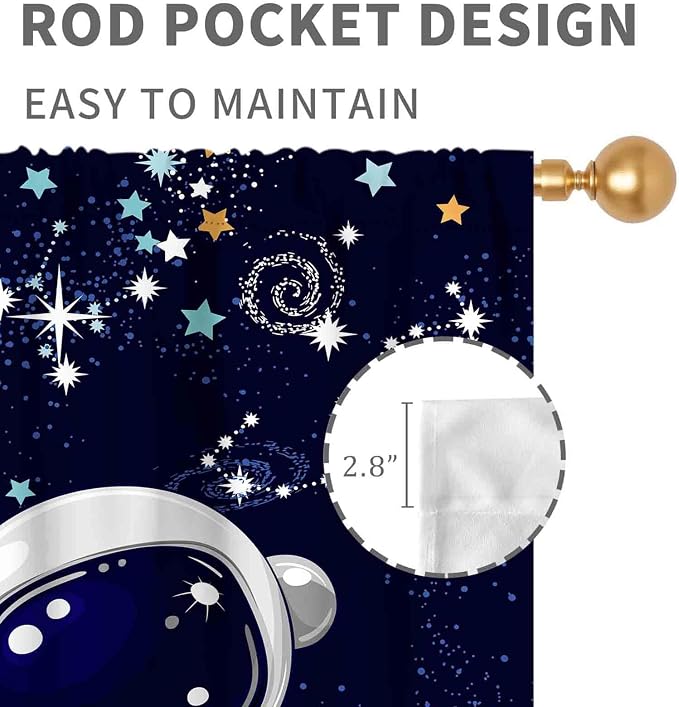 Galaxy Curtains, Cartoon Astronaut Universe Outer Space Star Planets Blackout Window Drapery Treatments for Kids Boys Bedroom Living Room Nursery Playroom 2 Panels, 63"x63" Inch