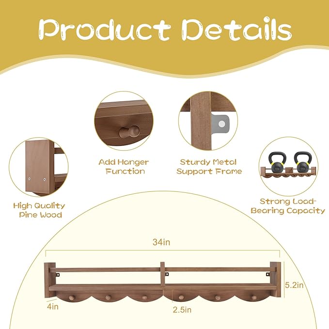 34Inch Nursery Book Shelves Wall Mounted, Floating Book Shelf for Kids Coat Rack with 6 Hooks, Wall Hanging Shelf for Baby Nursery Room Organizer ，Patent Number:US-D1058229-S(4, Light Brown)