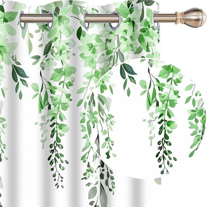Green Watercolor Floral Curtains, Botanical Leaves Vine Flowers Curtain, Rustic Farmhouse Flower Leaf Blackout Window Treatment Drapes for Bedroom Living Room 52x63 inch, 2 Panels