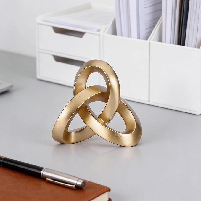 Modern Gold Knot Sculpture Decor – Abstract Geometric Tabletop Statue for Coffee Table, Bookshelf & Mantel, Contemporary Gold Decorative Accent for Living Room