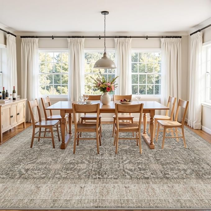 10x14 Area Rug for Living Room: Vintage Boho Neutral Washable Rug Indoor Soft Large Area Rug Carpet for Bedroom Nursery Farmhouse Dining Room Office Floor Non-Slip Low Pile Under Table Rug Warm Taupe