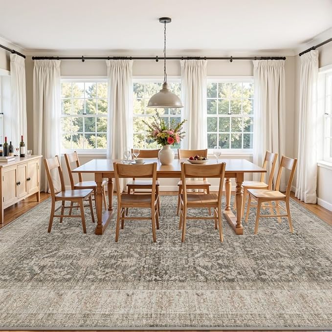 5x7 Area Rugs for Living Room: Vintage Boho Neutral Washable Rug Indoor Soft Large Area Rug Carpet for Bedroom Nursery Farmhouse Dining Room Office Floor Non-Slip Low Pile Under Table Rug Warm Taupe
