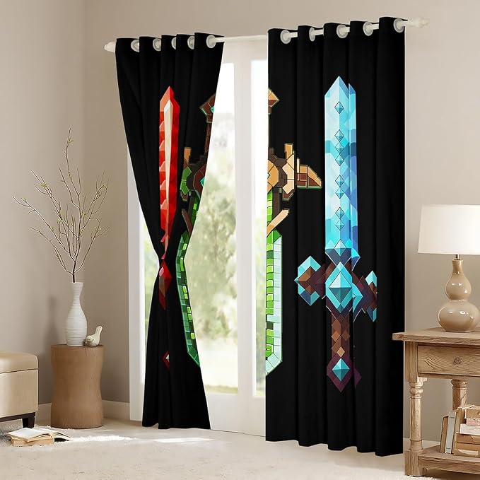 Castle Fairy Colorful Sword Window Curtain,Sandbox Building Games Living Room Decor Curtains,Kids Boys,Geometric Block Window Treatment Modern Miner Black Blackout Drapes 2 Panels,42Wx90L