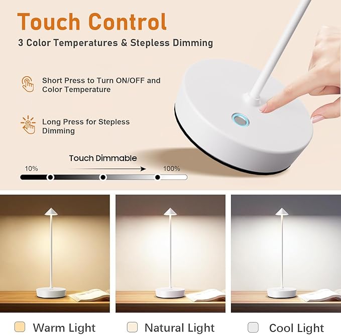 Set of 2 Rechargeable Cordless Table Lamp,6000mAh LED Battery Operated Desk Lamp Touch 3 Color Dimming Portable Outdoor Waterproof Table Light for Patio/Restaurant/Dining/Home (White)