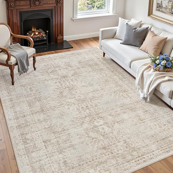 5x7 Area Rugs for Living Room: Vintage Boho Neutral Washable Rug Indoor Soft Large Area Rug Carpet for Bedroom Nursery Farmhouse Dining Room Office Floor Non-Slip Low Pile Under Table Rug Brown