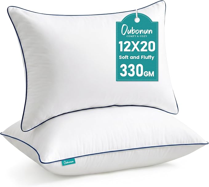 Oubonun 12 x 20 Throw Pillow Inserts – Durable & Structured, Soft Down Alternative Decorative Pillows with Piping Edge for Couch Sofa Bed, Machine Washable, White, Pack of 2