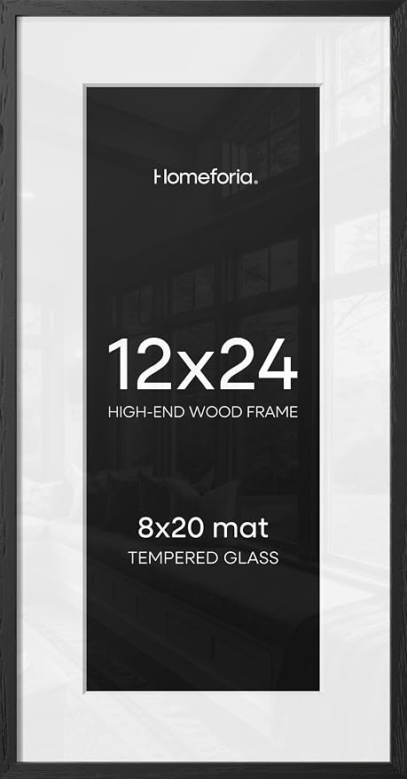 Homeforia 12x24 Black Wood Picture Frame, High End Oak 12x24 Poster Frames with Mat 8x20 Photo, 12 x 24 Black Wooden Frames Matted to 8 by 20, 24x12 Panoramic Frame, Tempered Glass, Wall Kit, Set of 2