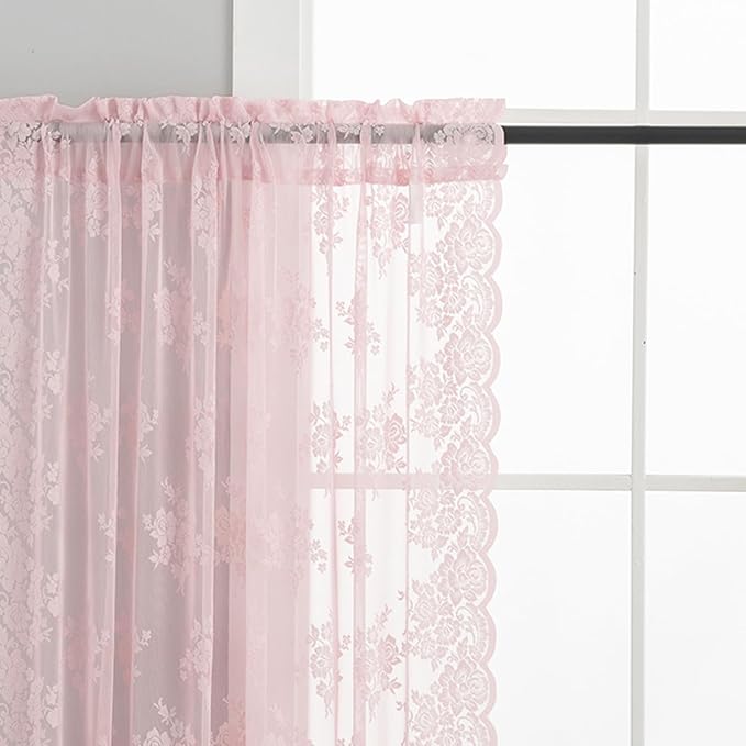 Kotile Pink Lace Curtains 45 Inch Length, 2 Panels, W42 x L45 Inch Each, Country Rustic Floral Short Sheer Lace Curtains for Small Windows, Rod Pocket Privacy Light Filtering Vintage Cafe Curtain