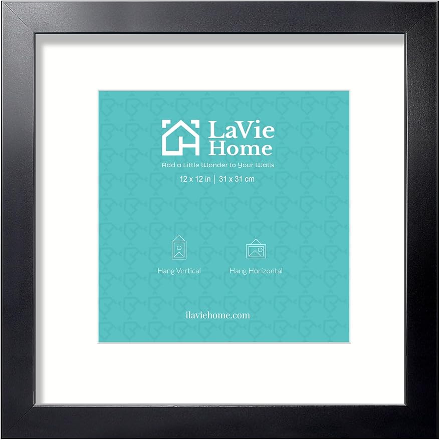 LaVie Home 12x12 Picture Frame Black Poster Frame,Display Pictures 8x8 with Mat or 12x12 Without Mat, Stable and Sturdy Frame and Polished Plexiglass, Horizontal and Vertical Format of The Walls