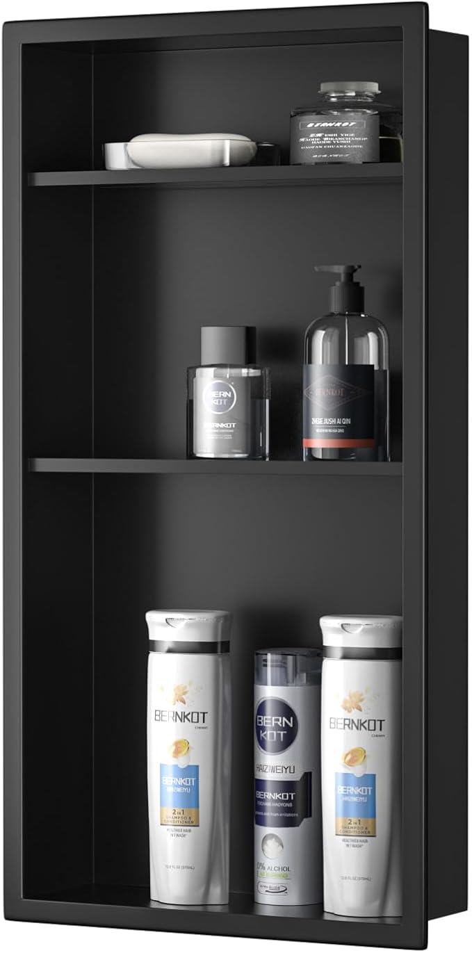Stainless Steel Shower Niche 24" X 12" Matte Black No Tile Needed Vertical Niche Shower with Three-Tier Shelves Recessed Wall Niches for Bathroom Storage Over Mount Installation