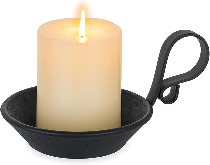 Iron Pillar Candle Holder: Vintage Black Candle Plate with Handle | Heavy Cast Iron, With Safety Spike for 3.3" Pillar, Gothic Decorative Stand for Halloween, Dining Table, Christmas, Set of 1