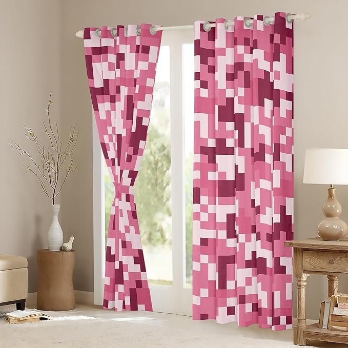 Castle Fairy Pink Checked Window Curtain,Pink Dark Camouflage Bedroom Decor Curtains,Kids Boys Teens Geometric Plaid Window Treatment Modern Video Games Blackout Drapes 2 Panels,52Wx84L