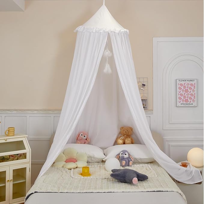Princess Decor Canopy for Kids Bed, Soft and Durable Bed Canopy for Girls Room Tent Canopy Dreamy Mosquito Net Bedding, Children Reading Nook Canopies Indoor (White)