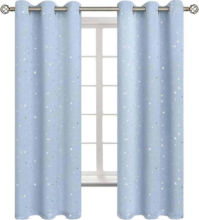 BGment Kids Blackout Curtains for Bedroom - Grommet Thermal Insulated Silver Star Print Room Darkening Curtains for Kids Room, Set of 2 Panels, 38 x 63 Inch, Baby Blue