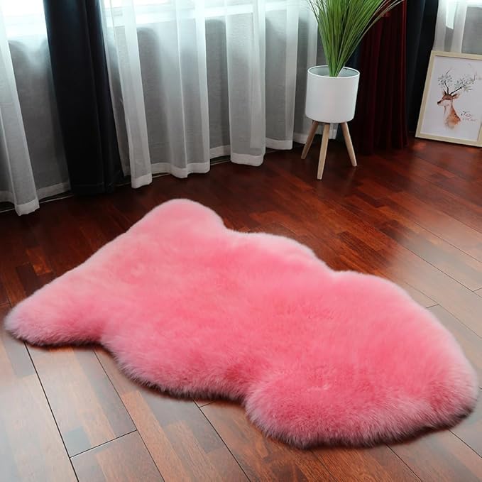 LLB Genuine Sheepskin Area Rug Wool Rug Fur Carpet Fluffy Shaggy Fur Rug for Living Room Kids Bedroom Real Sheepskin Throw Lambskin Rugs Sofa Mat Chair Seat Covers (Pink, 2 x 3 ft Sheepskin)