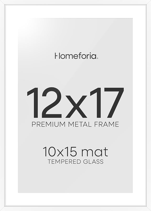 Homeforia 12x17 Picture Frame White, High End Metal 12x17 Poster Frames with Mat 10x15 for Photo, 12 x 17 White Frame Matted to 10 x 15 inch Print, 17x12 Thin Frame, Tempered Glass, Wall Kit, Set of 2